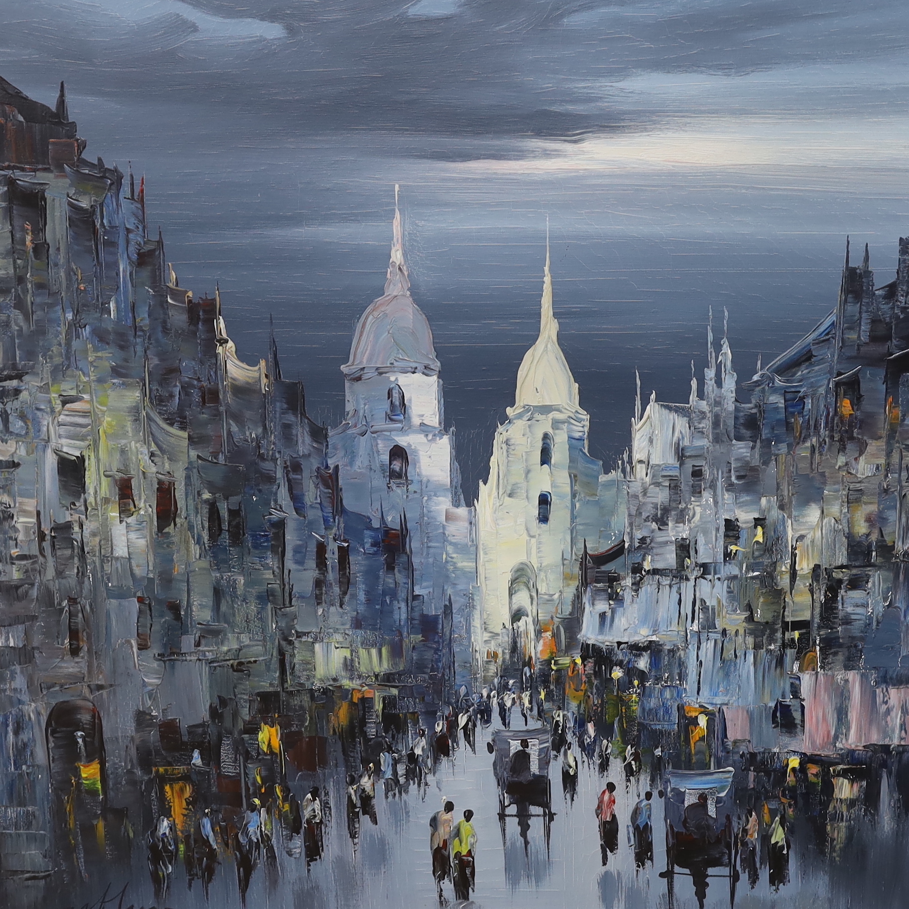 Hayne (Modern British), impressionist oil on canvas, Moonlit street scene with figures, signed, 90 x 90cm